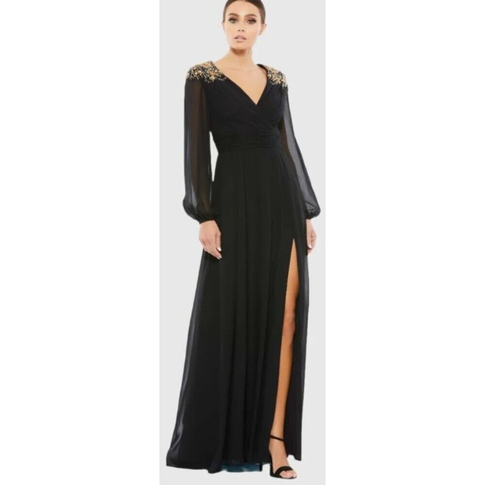 Nwt Mac Duggal Black Embellished Shoulder Long Sleeve Gown Maxi Dress Size 4